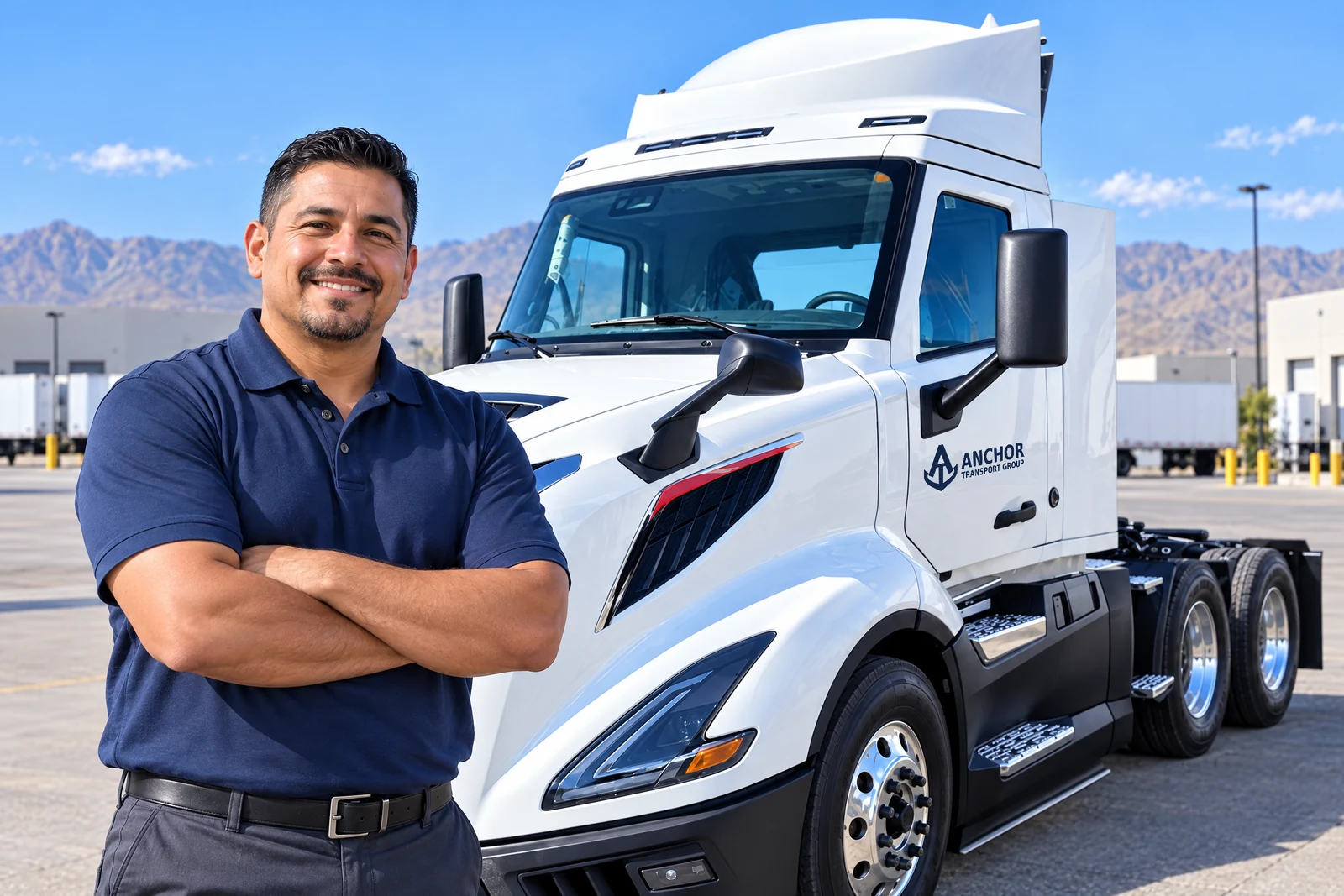Professional driver beside a clean white truck